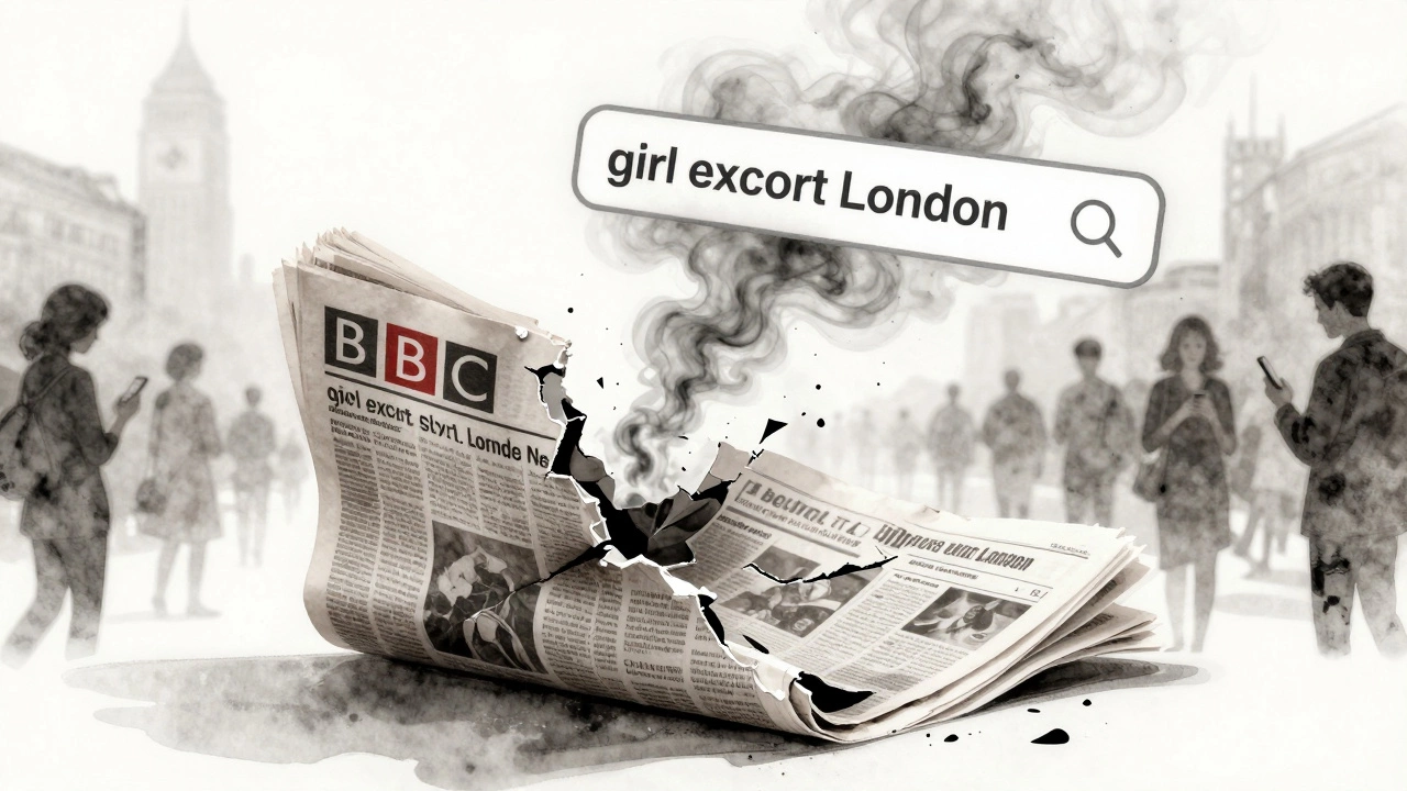 A crumbling BBC newspaper dissolves into digital search results of &#039;girl escort London&#039; amid lonely city silhouettes.