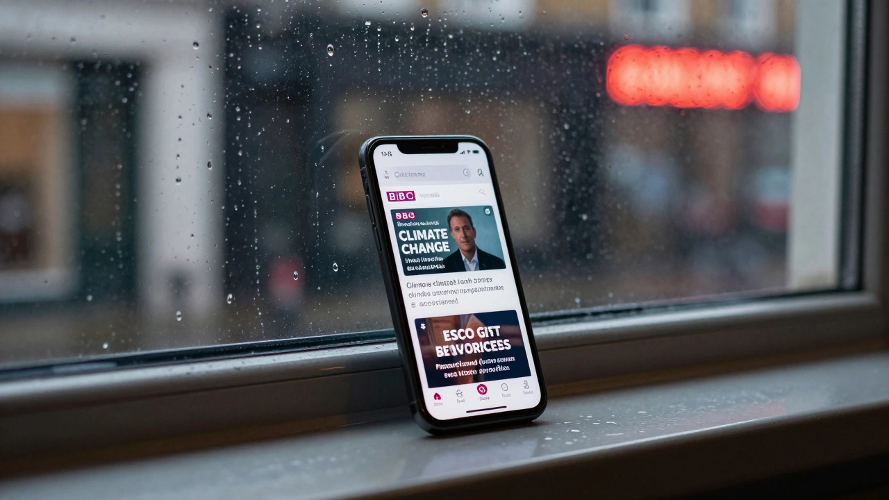 A smartphone on a rainy windowsill displays both BBC news and adult service ads, reflecting city lights.