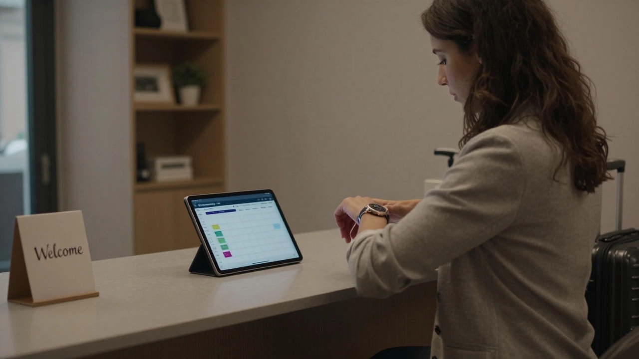 A woman in Lyon checking a digital booking tablet in a modern apartment lobby, suitcase beside her.